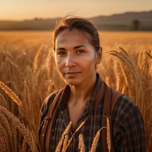 A resilient woman farmer stands amidst golden wheat, her face bathed in the warm glow of sunset. Her connection to the land is depicted with extremely realistic, cinematic, vibrant colors and shadows.