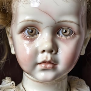 Creepy Victorian porcelain doll , a babydoll, human baby face, cracked, intricately detailed dress, glassy dead-eyed stare