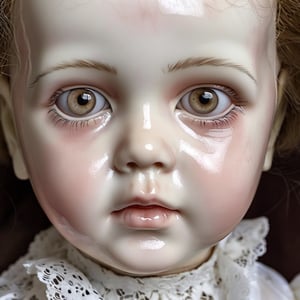 Creepy Victorian porcelain doll , a babydoll, human baby face, cracked, intricately detailed dress, glassy dead-eyed stare