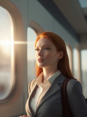 masterpiece, close up portrait,  woman redhead ,   dynamic walk, move,   plane visible through windows,   trending on cg society, digital art, a hyperrealistic girl, perfect slim body,  hyperrealistic schoolgirl, dressed like bitch , realistic student, still from a live action movie, warm cinematic, sun rays, ray tracing, perfect perspective, promotional still,  airport interior background,warm cinematic, sunset god rays
