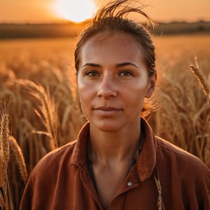 A resilient woman farmer stands amidst golden wheat, her face bathed in the warm glow of sunset. Her connection to the land is depicted with extremely realistic, cinematic, vibrant colors and shadows.