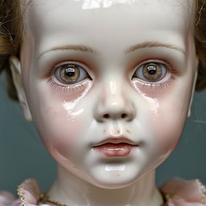 Creepy Victorian porcelain doll , a babydoll, human baby face, cracked, intricately detailed dress, glassy dead-eyed stare