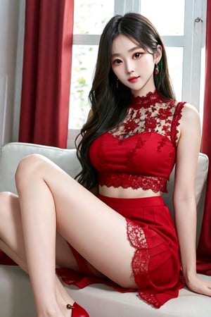 A beatiful woman, long hair, age 22 , focus legs, Lace top mini slit skirt, see_through,green top,red dress