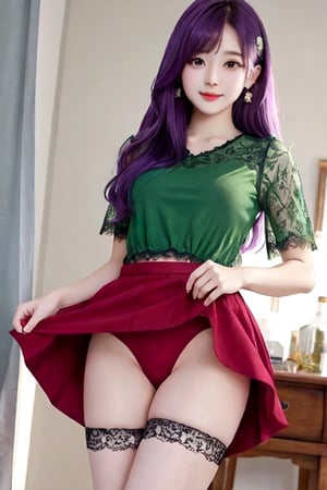 A beatiful woman, long hair, age 22 , focus legs, Lace mini slit skirt, see_through:1, green top,red dress,Purple skirt, pubic hair genitals, NSFW 