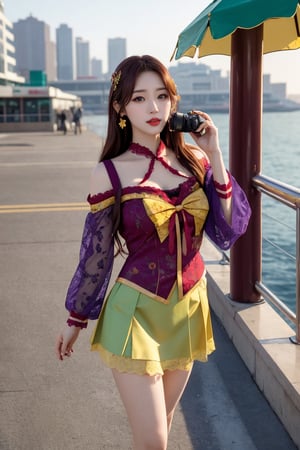  photorealistic, masterpiece, best quality, raw photo,medium breasts,(8k,  RAW photo,  photorealistic:1.25),  (highly detailed skin:1.2),   ,  well sunlit,  outdoor,  ulzzang,  phoenix eyes,  cherry lips, beautiful face, full body,  (Purple,  yellow,  green and red  lace traditional clothing),  long_hair , short skirt , Can be decorated with accessories, a female professional model , Taking photos near the Sun Moon Ferry bow
