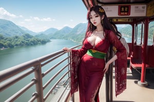 (8k,  RAW photo,  photorealistic:1.25),  ( 32D cup breasts),  (highly detailed skin:1.2),  ,  well sunlit,  outdoor,  ulzzang,   phoenix eyes,  cherry lips,beautiful face,full body , (Purple, yellow, green and red  lace traditional clothing)  ,  long_hair ,Taking photos near the Sun Moon Lake cable car station