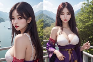 (8k,  RAW photo,  photorealistic:1.25),  ( 32D cup breasts),  (highly detailed skin:1.2),  ,  well sunlit,  outdoor,  ulzzang,   phoenix eyes,  cherry lips,beautiful face,full body , (Purple, yellow, green and red  lace traditional clothing)  ,  long_hair ,Taking photos near the Sun Moon Lake cable car station