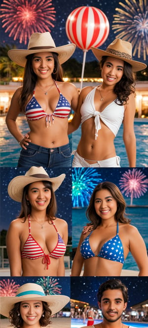 A vibrant tableau captures the essence of American unity and joy. Ten stunning women from diverse ethnic backgrounds (white, black, Latino, Asian, Native) come together to celebrate Independence Day. Dressed in red, white, and blue, they embody patriotism with sizzling swimsuits, stars-and-stripes bikinis, and gleaming cowboy hats. Amidst a backdrop of twinkling fireworks, American flags wave proudly as the ladies strike sultry poses, their faces aglow under the starry night sky.