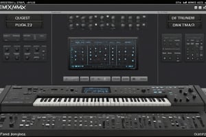 Masterpiece, highly detailed 88 keys E-MU EMAX 2023 synthesizer, 3 monitor screens to display the plugins and visualize the music, screenscyberpunk style,photo r3al