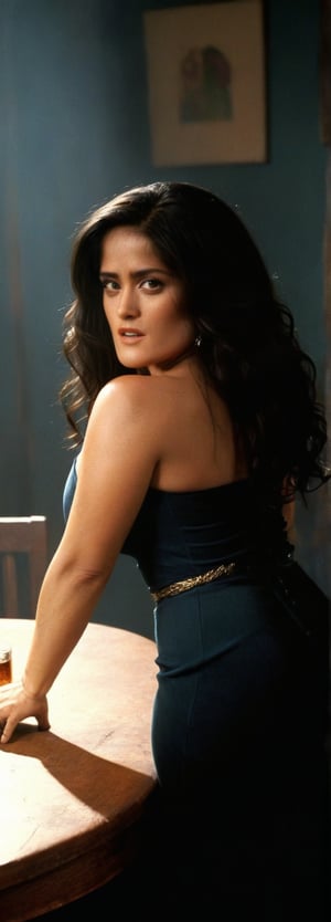 Rodriguez's Mexico Trilogy film style. A sultry saloon scene unfolds, bathed in warm amber lighting. Salma Hayek's character sits poised at a wooden table, a bottle of tequila and a shot glass nearby. Her intense gaze pierces through the haze of cigarette smoke as she regards the viewer. A 45 caliber pistol rests beside her, its sleek metal glinting in the dim light. Her long black hair cascades down her back like a waterfall of night, while the curves of her body are accentuated by the bold colors of a fitted dress that seems to shimmer with an otherworldly allure.