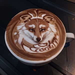 Highly detailed, High Quality, Masterpiece, beautiful, coffee, latte, LatteArt, latte art, food art, , 1girl, YaeMikoFox, no humans, ,YaeMikoFox,MUF, text "let's go"