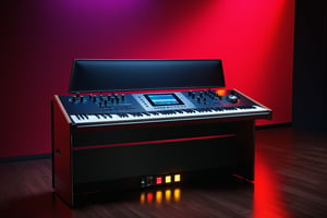 photorealistic, wide angle, masterpiece, hyperdetailed photography of a 88 keys E-MU EMAX 2023 concept synthesizer with 1 dome type glass monitor screen that proyects parameters like a cockpit HUD to see the plugins and visualize the music, the proyect should fold itseft and become its ouwn carrying box, the piano has also a UHD proyector to see the mixing parameters on a background wall, show a proyection in the style of fruity loops software combine with KORG software, ultrarealistic piano keyboard, recording studio atmosphere,best quality, 8k UHD, 8k, ultra quality, ultra detailed, LED lights,photo r3al