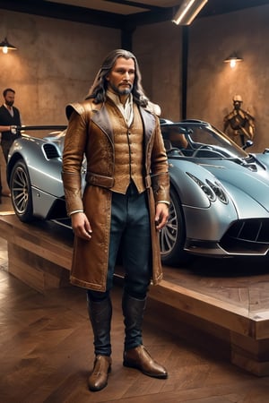 Create a captivating image portraying ((Leonardo da Vinci)) within a contemporary Pagani Zonda car assembly atelier. Showcase da Vinci as he examines the vehicle and shares his insights with the engineers. Renaissance-style clothing from Leonardo da Vinci's era. This includes a doublet, high-collar shirt, colorful hose, codpiece, cloak, beret with feather, and leather shoes. Ensure historical accuracy and attention to clothing details. Renaissance ambient illuminated by candles. Deliver the image in the style of a movie still, with RAW photo format, full sharpness, and intricate facial details (highly detailed skin: 1.2). Ensure an 8k UHD resolution, shot with a DSLR and featuring soft lighting for a high-quality appearance. Incorporate a subtle film grain effect reminiscent of Fuji-film XT3s cameras