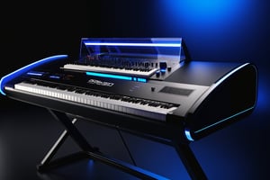 photorealistic, masterpiece, hyperdetailed photography of a 88 keys E-MU EMAX 2023 concept synthesizer with 1 dome type glass monitor screen that proyects parameters like a cockpit HUD to see the plugins and visualize the music, ultrarealistic piano keyboard, recording studio atmosphere,best quality, 8k UHD, 8k, ultra quality, ultra detailed, LED lights,photo r3al