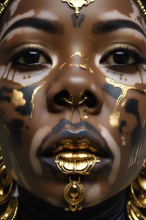 (Rorschach:0.5) Editorial Photography, Extreme Close Up Female Face, Black Skinned Goddess, Neo Tribal Art, Bokeh, (Golden Lips:1.2),Vitiligo