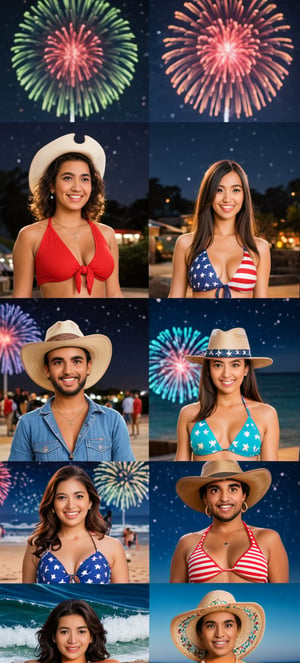 A vibrant tableau captures the essence of American unity and joy. Ten stunning women from diverse ethnic backgrounds (white, black, Latino, Asian, Native) come together to celebrate Independence Day. Dressed in red, white, and blue, they embody patriotism with sizzling swimsuits, stars-and-stripes bikinis, and gleaming cowboy hats. Amidst a backdrop of twinkling fireworks, American flags wave proudly as the ladies strike sultry poses, their faces aglow under the starry night sky.
