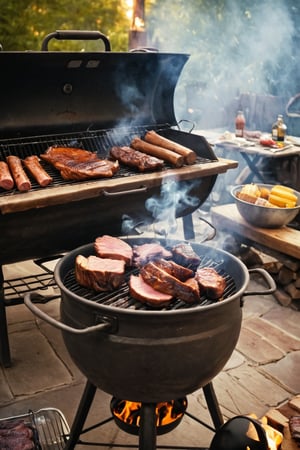 Create a richly detailed and atmospheric illustration that captures the essence of a Southern BBQ smoker in action. The scene should highlight the traditional smoker setup, the process of preparing and smoking meats, and the smoky, savory ambiance of Southern BBQ. Set the scene in a rustic outdoor setting, such as a backyard or a classic BBQ pit area, surrounded by elements that evoke the heart of Southern BBQ culture:

1. **Setting Up the Smoker:** Begin with a scene of the BBQ smoker setup. Show a large, traditional smoker or BBQ pit made from steel or brick, with a firebox on the side. The smoker should be well-seasoned, with a patina that reflects years of use. Include stacks of split wood logs, such as hickory, oak, or mesquite, ready to be used for smoking. The background should feature a rustic outdoor area, possibly with a wooden fence, a few trees, and a shed or barn nearby.

2. **Igniting the Fire:** Illustrate the process of starting the fire in the smoker’s firebox. Show a cook or pitmaster lighting the wood or charcoal, with flames beginning to catch and smoke starting to rise. Capture the glow of the fire, the initial bursts of smoke, and the tools used to manage the fire, like a poker or tongs.

3. **Preparing the Meats:** Depict a table next to the smoker where various cuts of meat are being prepared for smoking. Show a selection of meats typical of Southern BBQ, such as brisket, pork shoulders, ribs, and sausages. Highlight the process of seasoning the meats with dry rubs or marinades, emphasizing the rich, textured surface of the spice blends being applied. Include bowls of spices, jars of rubs, and brushes for basting.

4. **Loading the Smoker:** Visualize the cook placing the seasoned meats into the smoker. Show the smoker's lid or doors open, revealing the grill racks or hooks inside where the meats are being arranged. Capture the process of carefully positioning the meats for even smoking, with a focus on the brisket or ribs. Include the gentle smoke wafting out as the lid is opened and closed.

5. **Smoking and Tending the Fire:** Illustrate the smoker in action, with thick, aromatic smoke billowing out from the vents or chimney. Show the cook monitoring the temperature using a gauge on the smoker or an external thermometer. Highlight the tools used to manage the fire and smoke flow, such as dampers and vents. Include a close-up of the firebox, with logs burning steadily and embers glowing.

6. **Basting and Turning:** Depict the process of basting and turning the meats during smoking. Show the cook opening the smoker to apply a mop sauce or glaze, using a brush or mop to coat the meats, creating a glossy, caramelized surface. Emphasize the rich, golden-brown crust forming on the meats and the aroma of the basting sauce mixing with the smoke.

7. **Resting and Carving:** Transition to a scene of the cooked meats being removed from the smoker and allowed to rest. Show the meats resting on a wooden board, juices settling, and the crust developed to perfection. Next, illustrate the cook slicing into the brisket or pulling apart the pork shoulder, revealing the tender, juicy interior and the distinctive smoke ring.

8. **Atmosphere and Surroundings:** Conclude with a backdrop that reflects the Southern BBQ atmosphere. Include details like wooden picnic tables set up nearby, guests enjoying the smoky aroma, and rustic decorations like string lights or metal signs. Capture the warm, inviting feel of the scene, with the sun setting or a cool breeze blowing, enhancing the communal and festive spirit of the BBQ.

Use warm, earthy tones and detailed textures to bring each stage to life, from the flickering fire and smoky meats to the rustic charm of the setting. Each stage should be clearly labeled to guide the viewer through the traditional process of using a Southern BBQ smoker.
This prompt should vividly capture the detailed, smoky, and atmospheric experience of preparing meats in a Southern BBQ smoker, highlighting the meticulous steps and the rich cultural context.