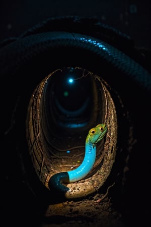 A slimy cobra snake with bio-luminescence hairs, moves through the moldy surface of a New York sewer line emitting electrical charges through its skin. Dimmed lights.