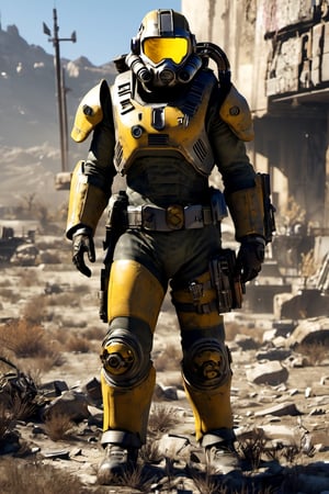 Create an image featuring a Vault 137 soldier donning an advanced thermal military suit tailored for survival in the harsh post-apocalyptic world of Fallout 5. The design of the suit should reflect the iconic aesthetic of the Fallout series, with a mix of retro-futuristic elements and rugged functionality.

The soldier, standing amidst the ruins of a dilapidated wasteland, wears the Vault 137 thermal suit adorned with hexagonal panels, reminiscent of Vault-Tec's signature design. The colors should evoke the worn and weathered look characteristic of Fallout's visual style, with tones of olive green, rusty red, and dull yellow.

The hexagonal panels of the suit should have a metallic finish, showing signs of wear and tear from years of use in the unforgiving wasteland. Embedded within the suit are advanced technological components, such as integrated sensors and a capillarity system for water recycling, giving it a distinct futuristic edge.

The soldier's stance should exude confidence and readiness for action, with weapons and gear typical of the Fallout universe at their side. Behind the soldier, the remnants of a Vault 137 entrance or a desolate wasteland landscape should set the scene, reinforcing the post-apocalyptic atmosphere.

Overall, the image should capture the essence of survival and resilience in the Fallout universe, portraying the Vault 137 thermal suit as a crucial tool for navigating the dangers of the wasteland in Fallout 5.