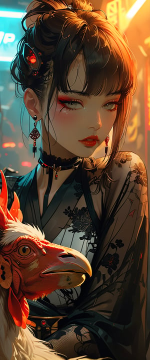 A femme fatale cyborg, mechanical parts, ((mechanical joints, mechanical)) sits solo in a smoky cyberpunk club, (((petting))) a rooster as it gazes directly at the viewer. Her short hair and bangs frame her striking features, adorned with jewelry and a black choker. She dons a revealing seethrough kimono, paired with Japanese-style earrings. A cigarette dangles from her lips as she exudes an air of sexy sophistication, surrounded by the dark, gritty atmosphere of Conrad Roset's style. txznmec,score_9,ct-virtual, ct-goeuun