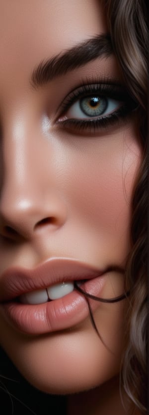 Close-up shot of a stunning woman, posing seductively in front of a sleek black background. Her piercing eyes gaze directly into the camera, her full lips curled into a sly smile. Her hair is styled in luscious waves framing her flawless face, with a subtle hint of smoky eye makeup adding to her sultry charm.