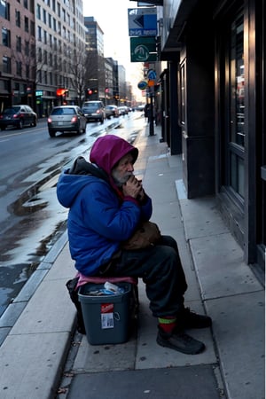 A Seattle homeless woman sitting on the sidewalk calls out to a man on the street asking: "Sir, can you help me?, It's cold and I've nowhere to sleep
Is there somewhere you can tell me?"
