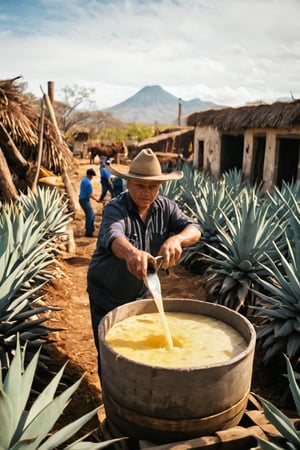 Absolutely! Here’s a detailed prompt for creating an image that illustrates the traditional process of making tequila:

---

"Create a richly detailed and vibrant illustration capturing the traditional process of making tequila. The scene should flow from left to right, set in a picturesque Mexican landscape with agave fields and a rustic distillery. Highlight each step in the process:

1. **Harvesting (Jimador at Work):** Begin with a scene in a vast agave field under a clear blue sky. Show a 'jimador' (agave farmer) skillfully using a 'coa' (a specialized harvesting tool) to trim the sharp leaves from a mature blue agave plant, revealing the large, pineapple-like core called the 'piña'. Surround the scene with rows of agave plants stretching into the distance.

2. **Transporting and Cooking:** Illustrate the harvested piñas being loaded into a rustic cart or truck for transport to the distillery. Next, show the piñas being cut in halves or quarters and placed into traditional stone or brick ovens, known as 'hornos'. Capture the steam rising as the piñas are cooked to soften them and convert the complex carbohydrates into fermentable sugars.

3. **Crushing (Tahona or Roller Mill):** Depict the cooked piñas being crushed to extract their sweet juices. This can be shown using a traditional 'tahona' (a large stone wheel) pulled by a mule, or a modern roller mill. Highlight the fibers being crushed and the juices flowing into a collection vat.

4. **Fermentation:** Visualize the extracted juice, now called 'mosto', being transferred into large wooden or stainless steel fermentation tanks. Show the open tanks with the mosto bubbling and fermenting naturally over several days, turning the sugars into alcohol.

5. **Distillation:** Illustrate the fermented liquid being distilled in traditional copper pot stills or stainless steel stills. Show the stills heated with flames beneath them, and the vapor rising through the coils before condensing back into liquid form. Highlight the clear, distilled tequila flowing into collection containers.

6. **Aging and Bottling:** Transition to a scene where the distilled tequila is being aged in wooden barrels for various durations. Show rows of barrels in a dimly lit aging room, with workers carefully monitoring and labeling them. Next, depict the tequila being bottled, with workers filling, sealing, and labeling the bottles by hand.

7. **Tasting and Celebration:** Conclude with a festive scene where the final product is being enjoyed. Show a group of people at a traditional Mexican cantina or outdoor setting, pouring and tasting the tequila from shot glasses or sipping it slowly. Include elements like lime wedges, salt, and a background of colorful Mexican decor and landscapes.

Use warm, vibrant colors and detailed textures to bring the process to life, from the spiky agave plants to the gleaming copper stills and the rich, golden hue of aged tequila. Each stage should be clearly labeled to guide the viewer through the artisanal process of tequila making."

---

This prompt should create a vivid and engaging depiction of the traditional process of making tequila, showcasing the craftsmanship and rich cultural heritage of Mexico.