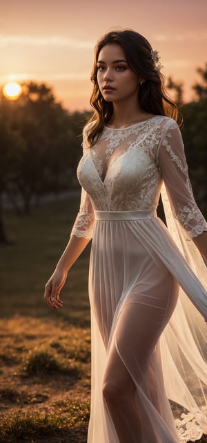 masterpiece, best quality, (photorealistic:1.3), HDR, a young girl walking, she wears a gown of sheer burgundy silk and lace symbolizes love. (depth of field, sunset:1.2), sexy, perfect female form,