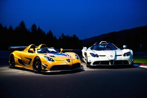 Photo r3al, photo-realistic, masterpiece, hyper-detailed photography, Mercedes McLaren SLR Stirling Moss, Pagani Zonda, and McLanren Senna parked next to each other, in Nürburgring, Frontal view, Fuji-film XT3s cameras, Use soft lighting and an 8k UHD resolution shot with a DSLR, frank grillo, Movie Still