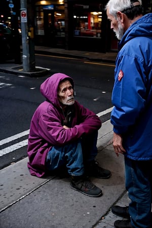 A homeless woman sitting on the sidewalk calls out to a man on the street asking: "Sir, can you help me?, It's cold and I've nowhere to sleep
Is there somewhere you can tell me?"
