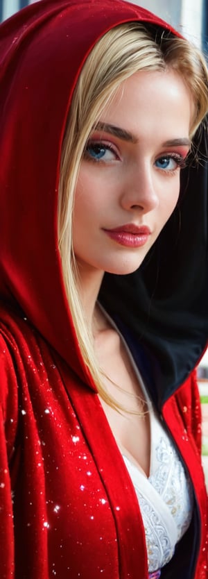 a sensual woman with blonde hair, and blue eyes, with detailed ornate fur hooded kimono, red hooded kimono, miniskirt, fantasypunk. Cinematic lighting, ethereal light, intricate details, extremely detailed, incredible details, full colored, complex details, insanely detailed and intricate, hyper maximalist, extremely detailed with rich colors. masterpiece, best quality, HDR, UHD, unreal engine. Representative, fair skin, rich in details High quality, gorgeous, 8k, super detail, gorgeous light and shadow, detailed decoration, detailed lines,glitter
