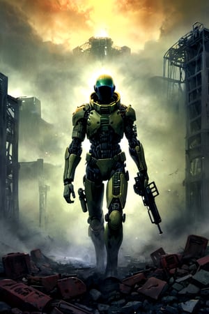 Create an image featuring a Vault 137 soldier donning an advanced thermal military suit tailored for survival in the harsh post-apocalyptic world of Fallout 5. The design of the suit should reflect the iconic aesthetic of the Fallout series, with a mix of retro-futuristic elements and rugged functionality.

The soldier, standing amidst the ruins of a dilapidated wasteland, wears the Vault 137 thermal suit adorned with hexagonal panels, reminiscent of Vault-Tec's signature design. The colors should evoke the worn and weathered look characteristic of Fallout's visual style, with tones of olive green, rusty red, and dull yellow.

The hexagonal panels of the suit should have a metallic finish, showing signs of wear and tear from years of use in the unforgiving wasteland. Embedded within the suit are advanced technological components, such as integrated sensors and a capillarity system for water recycling, giving it a distinct futuristic edge.

The soldier's stance should exude confidence and readiness for action, with weapons and gear typical of the Fallout universe at their side. Behind the soldier, the remnants of a Vault 137 entrance or a desolate wasteland landscape should set the scene, reinforcing the post-apocalyptic atmosphere.

Overall, the image should capture the essence of survival and resilience in the Fallout universe, portraying the Vault 137 thermal suit as a crucial tool for navigating the dangers of the wasteland in Fallout 5.,digital artwork by Beksinski