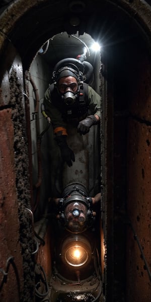 A County worker at Los Angeles Sewer line, using a Self Contained breathing apparatus, harnessed, hard hard, googles, gloves,  radio to communicate, flashlights, descending trough a sewer manhole using a harness line attached to a tripod into a giant vault, humid, water vapor, mold, dim lights, (((rats, cockroaches, feces)))