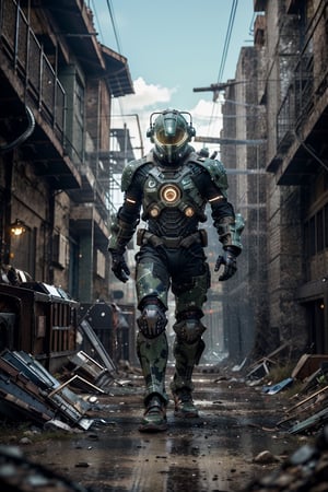 Creating a Fallout 5 armored suit with chameleon-like camouflage using nano LED technology to blend into the wasteland environment:

The armored suit would be designed to seamlessly blend into the rugged and desolate landscapes of the post-apocalyptic wasteland, utilizing nano LED technology to mimic the colors and textures of the surroundings.

Key features tailored for wasteland camouflage:

1. **Wasteland Color Palette:** The nano LED panels would be programmed to replicate the earthy tones, rusty hues, and muted colors commonly found in the wasteland environment. This includes shades of brown, gray, and green, as well as weathered textures to match the terrain.

2. **Adaptive Terrain Analysis:** The suit's environmental sensors would analyze the specific characteristics of the wasteland, such as rocky outcrops, barren plains, or urban ruins. Based on this analysis, the nano LED panels would adjust their camouflage patterns to mimic the surrounding features and blend in seamlessly.

3. **Dynamic Camouflage Patterns:** The camouflage patterns generated by the nano LED panels would be highly dynamic, allowing the suit to adapt to changes in terrain, lighting conditions, and environmental elements. This ensures that the wearer remains concealed whether traversing rocky canyons, navigating through rubble-strewn streets, or hiding amidst overgrown vegetation.

4. **Wasteland Debris Simulation:** To further enhance camouflage effectiveness, the suit could incorporate features to simulate wasteland debris, such as dust, dirt, and grime. This would help the wearer blend in with their surroundings by obscuring the suit's silhouette and minimizing reflective surfaces.

5. **Scavenging Integration:** In addition to camouflage capabilities, the suit could integrate scavenging tools and storage compartments for collecting resources found in the wasteland. This would allow the wearer to gather supplies while remaining concealed, maximizing survival opportunities in hostile environments.

6. **Stealth Enhancements:** Beyond visual camouflage, the suit could incorporate stealth enhancements like sound-dampening materials and thermal insulation to further conceal the wearer's presence from enemies and hostile creatures lurking in the wasteland.

7. **Tactical Advantage:** By blending seamlessly into the wasteland environment, the armored suit provides the wearer with a significant tactical advantage, allowing for covert reconnaissance, stealthy infiltration, and surprise attacks on unsuspecting foes.

With its advanced nano LED camouflage technology tailored specifically for the harsh and unforgiving wasteland, the Fallout 5 armored suit ensures the wearer's survival and success in the post-apocalyptic world.