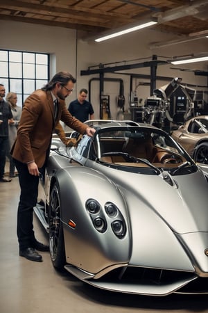 Generate a compelling photo scene featuring Leonardo da Vinci at a modern-day Pagani Zonda car assembly atelier. Depict da Vinci inspecting the vehicle and providing engineers with his observations and critiques. Capture the fusion of Renaissance genius and cutting-edge automotive technology in this imagined historical moment, Movie Still, inst4 style, RAW photo, full sharp, detailed face (high detailed skin:1.2), 8k UHD, DSLR, soft lighting, high quality, film grain, Fuji-film XT3s , see through":1.2)