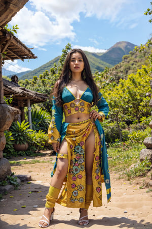 Create a full-body image featuring a woman representing the beauty and diversity of Ecuador. The woman should embody a random representative race, with a skin color and eye color that reflects the rich mosaic of ethnicities found in Ecuador. She should be dressed in traditional Ecuadorian clothing with a contemporary twist, blending elements from indigenous cultures like Kichwa, Shuar, or Waorani with modern fashion sensibilities. The attire should be colorful and intricately designed, showcasing the intricate textiles and vibrant patterns typical of Ecuadorian craftsmanship.

Her posture should exude confidence and grace, with subtle hints of the country's cultural heritage in her stance. The background should depict a scene that captures the essence of Ecuador, such as the lush greenery of the Amazon rainforest, the majestic peaks of the Andes mountains, or the serene beauty of the Galápagos Islands. The background should be filled with rich details that immerse the viewer in the unique sights and sounds of Ecuadorian life, whether it's the vibrant street markets, traditional music, or the colorful festivities of local celebrations.
