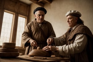 Create a captivating image portraying ((Leonardo da Vinci)) making a ((Pagani concept  car)) with wood and clay at his assembly atelier in Florence. Renaissance-style clothing from Leonardo da Vinci's era. This includes a doublet, high-collar shirt, colorful hose, codpiece, cloak, beret with feather, and leather shoes. Ensure historical accuracy and attention to clothing details. Renaissance ambient illuminated by candles. Deliver the image in the style of a movie still, with RAW photo format, full sharpness, and intricate facial details (highly detailed skin: 1.2). Ensure an 8k UHD resolution, shot with a DSLR and featuring soft lighting for a high-quality appearance. Incorporate a subtle film grain effect reminiscent of Fuji-film XT3s cameras, mature, wide angle