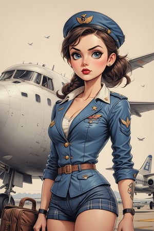 vintage comic book illustration of a commercial aviation captain woman at the airport, only one woman, airport background, dark brown ponytail hairstyle, wearing blue leather jacket, plaid miniskirt, blue aviation captain cap, wearing white blouse, showing small breast under the bloue, great cleavage, long cleavage, sexy body, black lips, tattooed body, detailed gorgeous face, exquisite detail, ((full body)), 30-megapixel, 4k, Flat vector art, Vector illustration, Illustration, ,,rubber_hose_character,,vintagepaper,,,,<lora:659095807385103906:1.0>