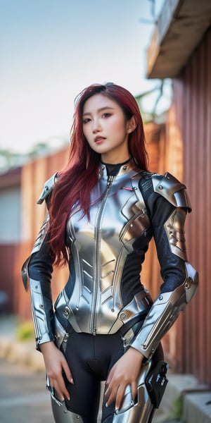 In a wide-angle composition, a young Korean girl sits astride a Kawasaki Ninja 400 motorcycle, nestled against a wall. She wears a stainless steel cybernetic bodysuit that accentuates her hourglass figure and sharp jawline. Soft lighting wraps around her face, highlighting the high nose bridge, doe eyes, plump lips, and delicate curves. The background is a blur of cluttered maximalism, while the subject exudes womancore confidence. Every detail, from the intricate cybernetic armor to the subtle texture of her hair, is rendered in hyperrealistic precision, inviting the viewer into this vibrant, prismatic world.,Wonder of Beauty