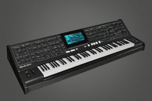 Masterpiece, highly detailed 88 keys E-MU EMAX 2023 synthesizer, 3 monitor screens to display the plugins and visualize the music, screenscyberpunk style