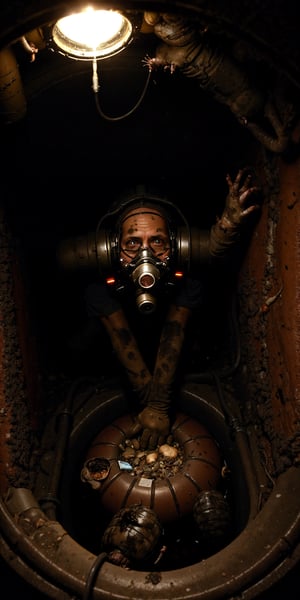 A County worker at Los Angeles Sewer line, using a Self Contained breathing apparatus, harnessed, hard hard, googles, gloves,  radio to communicate, flashlights, descending trough a sewer manhole using a harness line attached to a tripod into a giant vault, humid, water vapor, mold, dim lights, (((rats, cockroaches, feces)))