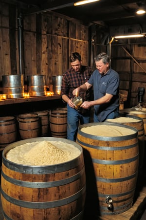 Create a detailed and evocative illustration that captures the traditional process of making whiskey. The scene should progress from left to right, set in a classic distillery surrounded by scenic landscapes, such as the rolling hills of Scotland or the lush fields of Kentucky. Each stage should highlight the craftsmanship and rich heritage of whiskey production:

1. **Milling the Grain:** Begin with a scene in a grain mill where the selected grains (barley, corn, rye, or wheat) are being ground into coarse flour called 'grist'. Show large bags or barrels of grains being fed into a traditional stone or roller mill. Highlight the texture of the grains and the rhythmic process of grinding.

2. **Mashing:** Illustrate the ground grist being mixed with hot water in large, open 'mash tuns'. Show workers stirring the mixture to convert the starches into fermentable sugars, creating a thick, porridge-like 'mash'. Include the steam rising and the rich, warm colors of the brewing mixture.

3. **Fermentation:** Depict the mash being transferred to tall, wooden or stainless steel fermenters called 'washbacks'. Show the addition of yeast to the mash, initiating fermentation. Illustrate the bubbling and frothing as the yeast converts the sugars into alcohol over several days. Include the aroma wafting through the air and the active, effervescent surface of the fermenting liquid.

4. **Distillation:** Visualize the fermented 'wash' being distilled in traditional copper pot stills or column stills. Show the intricate shape and gleam of the stills as the wash is heated and the alcohol vapor rises through the neck of the still, condensing into liquid form. Highlight the rich, golden color of the distillate as it flows into collection vats.

5. **Aging in Barrels:** Transition to a scene in a dimly lit aging warehouse or 'rickhouse'. Illustrate rows of oak barrels filled with the distilled spirit, stacked high on wooden racks. Show the barrels labeled with dates and details, aging for years to develop the whiskey's character and flavor. Capture the ambient light filtering through, the cool, damp atmosphere, and the aroma of aged wood and spirit.

6. **Blending and Bottling:** Depict the process of blending different barrels to achieve the desired flavor profile. Show a master blender tasting samples, mixing and assessing the whiskey’s characteristics. Next, illustrate the whiskey being carefully filtered and bottled, with workers filling, sealing, and labeling the bottles with care. Highlight the clarity and deep amber hues of the final product.

7. **Tasting and Enjoying:** Conclude with an inviting scene of whiskey being enjoyed in a cozy setting. Show a group of people in a rustic tasting room or an outdoor patio overlooking the distillery. Include elements like whiskey glasses, tasting notes, and maybe a fireplace or a scenic view. Emphasize the rich, golden glow of the whiskey in the glass and the satisfaction of the tasting experience.

Use warm, earthy tones and detailed textures to bring each stage to life, from the grain milling to the amber liquid in the glass. Each stage should be clearly labeled to guide the viewer through the artisanal and time-honored process of whiskey making.
This prompt should provide a vivid and engaging depiction of the traditional whiskey-making process, highlighting both the technical steps and the rich, sensory experience of whiskey.