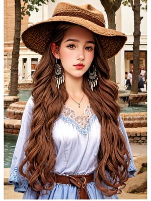 Inthe style of Milo Manara, a detailed portrait of Beautiful Argentina traditional gaucho girl shot, intricately detailed silver alpaca accesories, brown hat, full body, long brown hair, at a small town plaza fountain