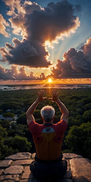 A old Mexican chamán is praying with his arms extended towards the sunrise, a new year has come bringing hope, love, and new dreams. The scene happens at the top of a Mayan pyramid in Cancun, the sun is coming out of the Caribbean Sea, welcome 2024