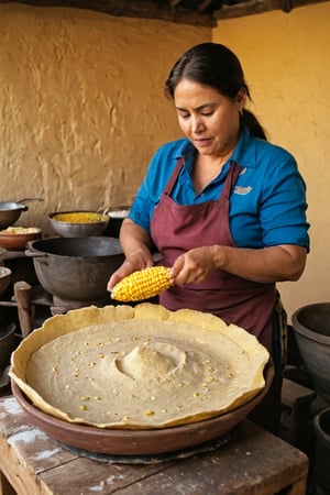Create a detailed and vibrant illustration capturing the traditional process of making corn tortillas on a 'comal' in a rural Mexican setting. The scene should progress from left to right, set in a warm, inviting kitchen or outdoor area surrounded by the rich cultural elements of Mexico. Each stage should highlight the artisanal craftsmanship and vibrant atmosphere:

1. **Harvesting and Preparing Corn:** Begin with a scene in a sunlit cornfield where farmers are harvesting ripe ears of corn. Show the vibrant yellow and green hues of the corn, with workers picking and collecting the cobs in woven baskets. In a nearby area, depict the process of drying the corn kernels, ready to be used for masa.

2. **Nixtamalization:** Illustrate the traditional process of nixtamalization, where dried corn kernels are soaked and cooked in an alkaline solution, usually limewater. Show a large pot over an open flame with corn boiling and a worker stirring the pot. Highlight the transformation of the kernels as they soften and their husks begin to loosen.

3. **Grinding the Corn:** Depict the nixtamalized corn being ground into masa using a traditional stone 'metate' or a manual grinder. Show a worker skillfully grinding the corn to a fine, smooth dough, emphasizing the rich, earthy texture of the masa. Include details like the intricate patterns on the metate and the rhythmic motion of the grinding process.

4. **Shaping the Tortillas:** Visualize the masa being divided into small balls and flattened into tortillas using a hand-operated tortilla press or by patting them between hands. Show a cook pressing the masa balls into thin, round tortillas on a wooden press or using their hands with dexterous skill. Capture the smooth, even surfaces of the freshly shaped tortillas.

5. **Cooking on the Comal:** Illustrate the tortillas being cooked on a traditional 'comal', a flat, round griddle made of clay or metal. Show the tortillas puffing up as they cook, with golden-brown spots forming on their surfaces. Include the gentle smoke rising from the comal and the rustic setting of an open-fire or wood-fired stove.

6. **Serving and Enjoying:** Transition to a vibrant scene of freshly cooked tortillas being served. Show a family or group of people gathered around a rustic table, enjoying the warm, steaming tortillas. Include traditional accompaniments like beans, salsa, fresh herbs, and grilled meats. Highlight the convivial atmosphere and the communal sharing of food.

7. **Cultural Ambiance:** Conclude with a backdrop that reflects the rich cultural heritage of Mexico. Include elements like colorful pottery, woven textiles, and decorative tiles. The setting could be in a cozy kitchen with warm adobe walls or an outdoor patio with lush greenery and bright flowers. Capture the essence of Mexican hospitality and tradition.

Use warm, earthy tones and detailed textures to bring each stage to life, from the golden corn kernels to the rustic comal and the lively dining scene. Each stage should be clearly labeled to guide the viewer through the artisanal process of making corn tortillas.
This prompt should vividly capture the traditional and cultural richness of making corn tortillas in Mexico, highlighting both the detailed craftsmanship and the vibrant communal experience.