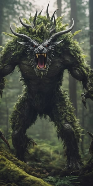  create a plant monster born to protect nature from humans.loving to earth ir hatred towards humans.he is resembling plants and animal beast.background of nature, sharp focus, high detailed.