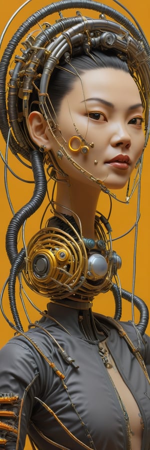 profile front Photography, in front of a orange wall, an asian cyborg woman head without body, silly smile, crazy eyes gesture, connected by cables, twisted cables and wires and LED, atractive eyes body punk PLC Robots with silver motor head, with ray guns, 80 degree view, art by Sergio Lopez, Natalie Shau, James Jean and Salvador Dali, (yellow background:1.2),Digital_Madness