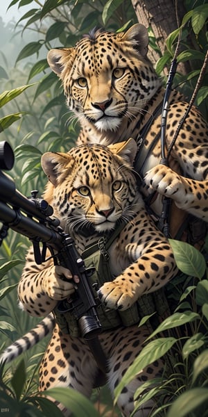 An army sniper duo with a cheetah as the shooter and a Lion as the spotter, hunting in the african sabana, blending camouflage with the surroundings, comic style, funny, cartoonish,Animal