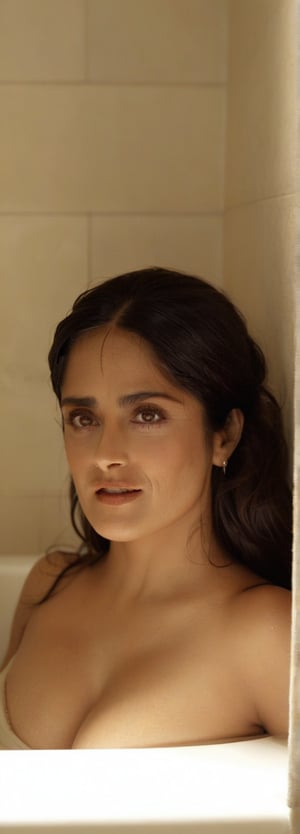 Salma Hayek stands before the bathtub, her eyes cast down as she slowly begins to remove her clothing. Soft candlelight flickers around her, casting a warm glow on the porcelain tub. As the last wisps of fabric fall away, she steps into the warm water, surrounded by the gentle ambiance of golden hour lights. The air is heavy with anticipation, the only sound the soft lapping of water against the tub's edges.