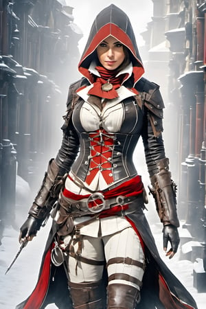 (+18) , nsfw, 

Sexy female assassin creed, 
1girl, 
winter_clothes, 
black clothe,
Red and white lines,
hoodie on head, 
Visible Cleavage, 
Big ass ,
Large hips,
Hourglass figure, 

high_resolution, 
high detail, 
perfect body, 
side view,steampunk style,Movie Still,Film Still,Cinematic,steampunk,HZ Steampunk